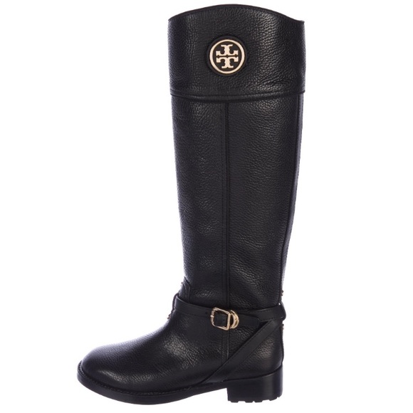 Tory Burch Teresa Logo Black Tumbled/Pebbled Leather Riding Boots - Picture 2 of 15